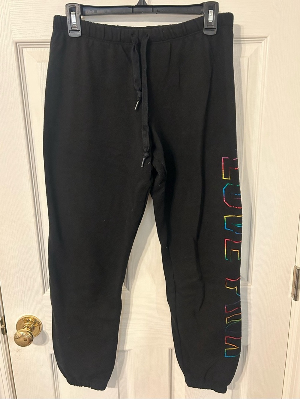 Women’s, PINK, Black Fleece Jogger Pants Size Medium, “Love Pink” in Rainbow